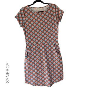 SYNERGY | NWOT ORGANIC COTTON SHORT SLEEVE DRESS POCKETS BROWN & PEACH | SMALL
